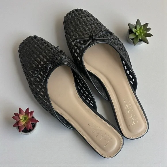 Nicole Miller Woven Mules Black Slip-On Flats Size 10 – Basket Weave Bow Slide - Picture 2 of 5